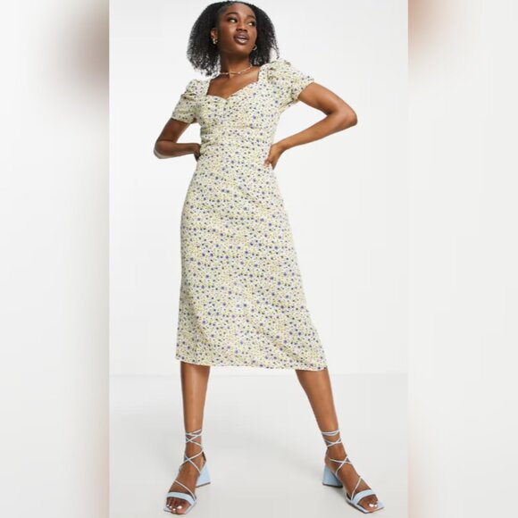 Urban Revivo Ruched Yellow Floral Midi Dress - Picture 5 of 5